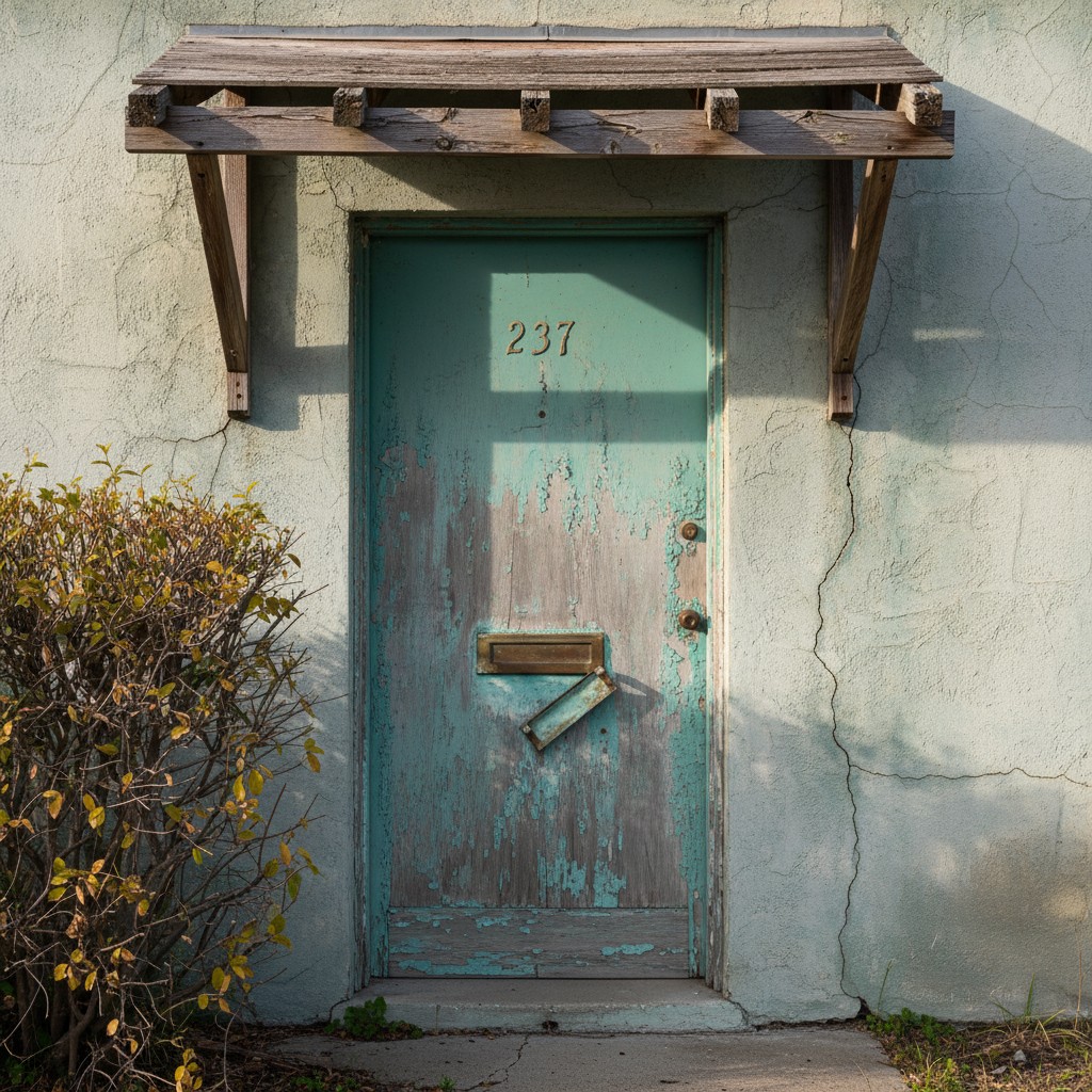 A weathered teal door with peeling paint, fitted with a mailbox, set in a building entrance with stone walls and a wooden ...