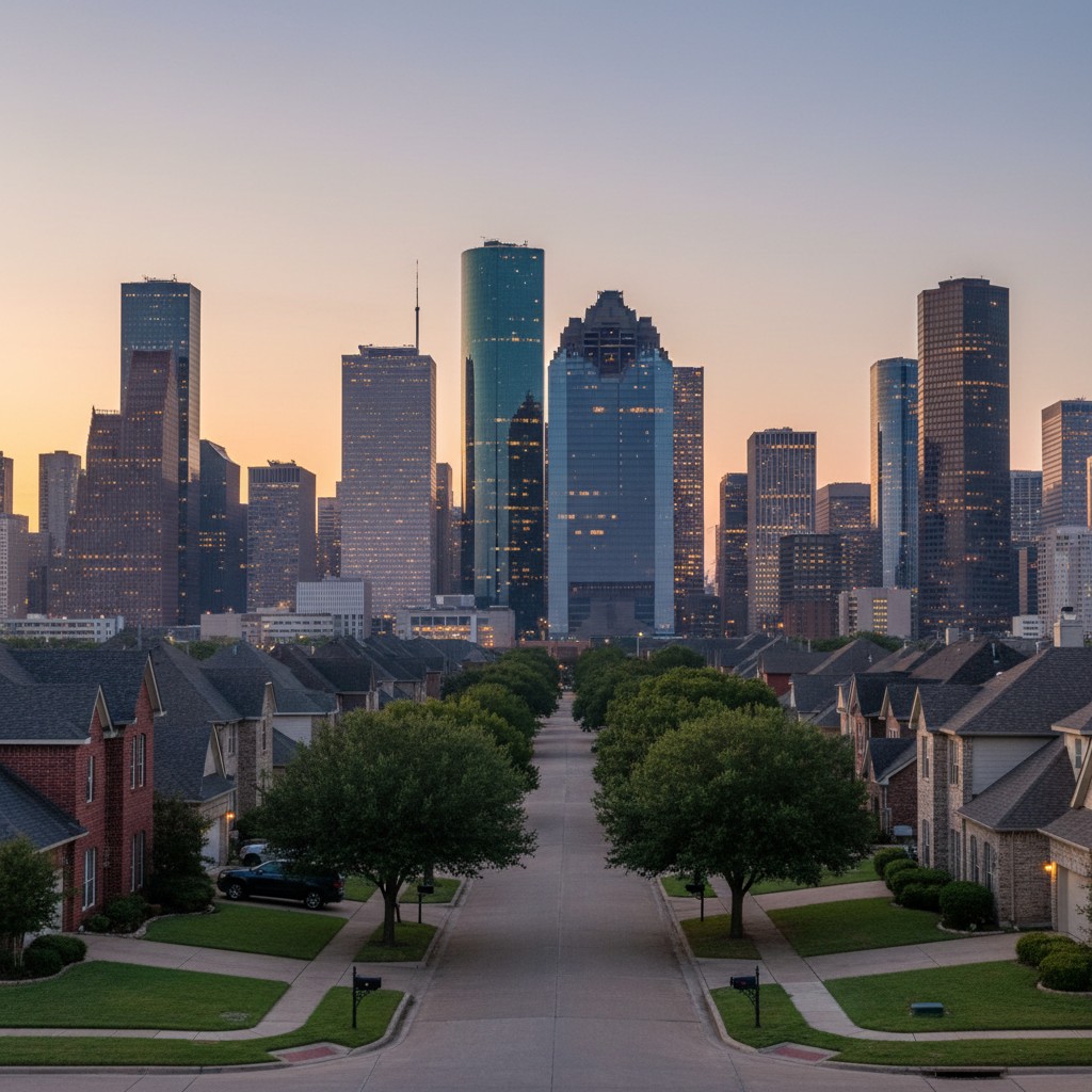 A cityscape of a major city with a mix of tall office buildings and residential homes, shot from a residential street.