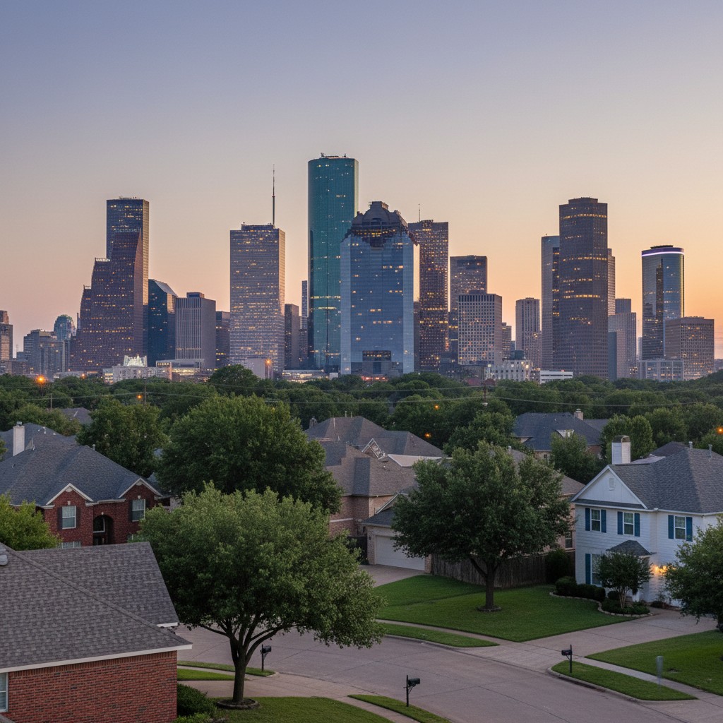 **Aerial View of Houston, Texas** This high-rise cityscape image captures Houston's vibrant skyline, oil refineries lining...