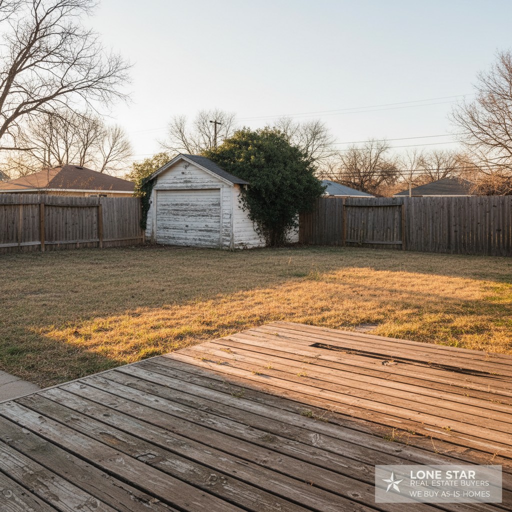 A backyard with a wooden deck and woven fencing, featuring a shed in the background, on a clear, overexposed day.