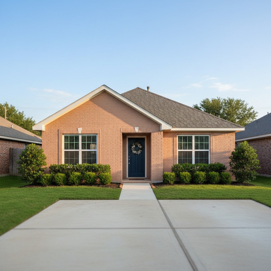 A cozy, modern one-story red brick house with an inviting blue door adorned by a festive wreath, surrounded by neatly trim...